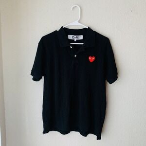 Comme Des Garçon PLAY Black Short Sleeve Polo Shirt Embroidered Red Heart Size L